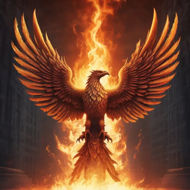 A mythical phoenix emerging triumphantly above a benchmark index, representing alpha