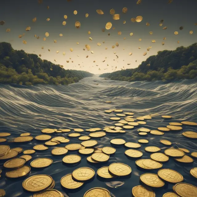 Golden coins represent disposable income. A winding river symbolizes consumer spending, while the division between coins indicates discretionary income and personal savings rate.