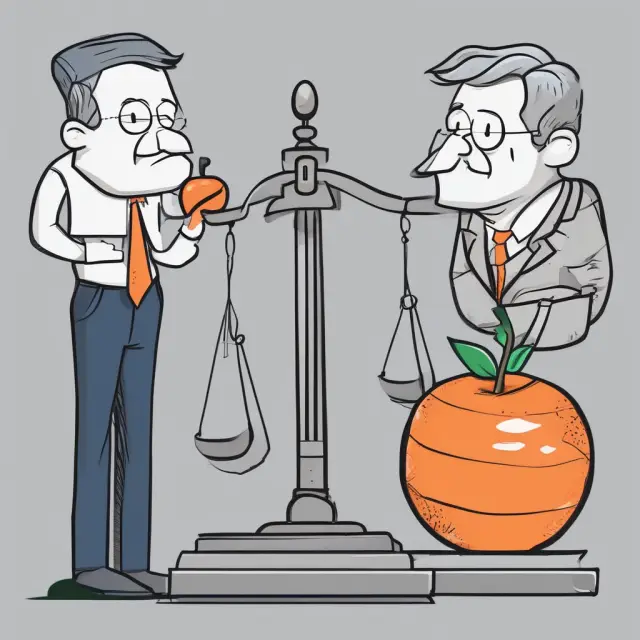 An investor contemplating capital gains taxes on an apple (symbolizing a loss) compared to an orange (representing a gain).