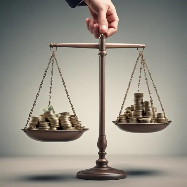 An investor weighs stocks and donation receipts on a balanced scale, illustrating the importance of both financial gains and charitable contributions.