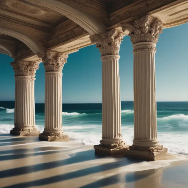An image of disruptive and sustaining innovations represented as towering waves, with disruptive waves upending the traditional pillars symbolizing established businesses.