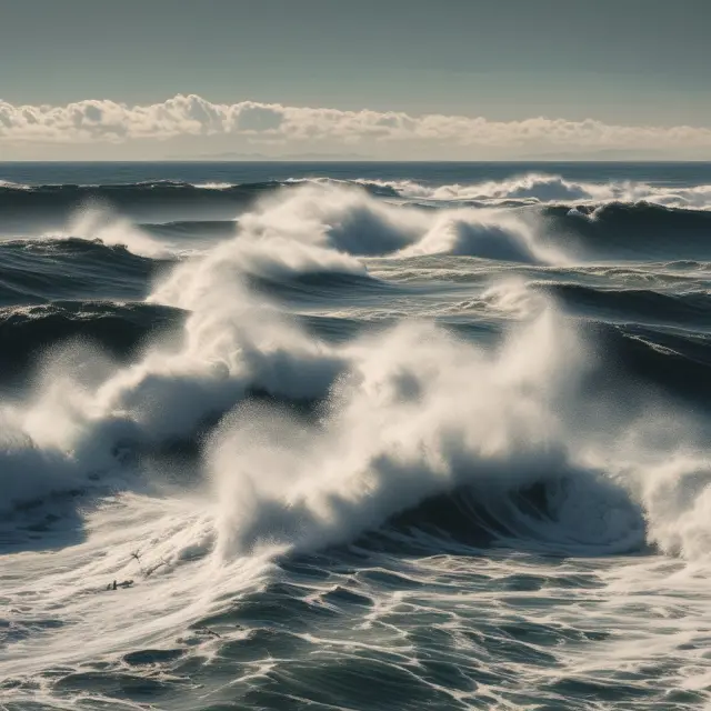 A series of disruptive innovations represented as powerful tidal waves, transforming various industries and markets