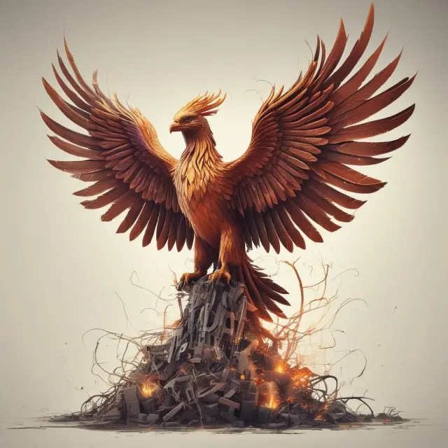 A phoenix emerging from flames of old tech, representing innovative disruption in industries