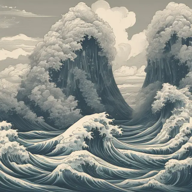Three corporations depicted as giants emerging from disruptive ocean waves: Amazon, Google, and Meta