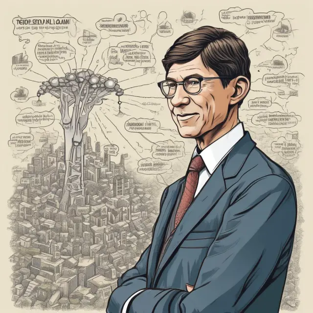 A man with the face of Clayton Christensen, symbolizing disruptive technology ideas emerging from his mind and taking root in a vibrant digital ecosystem