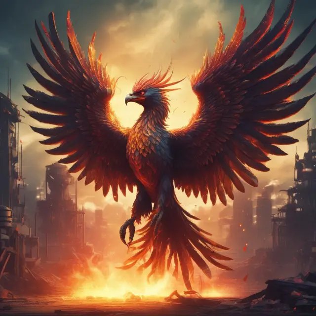 Phoenix emerging from flames, representing disruptive technologies overtaking traditional industries