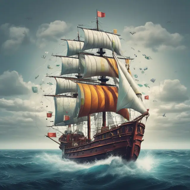 A businessman skillfully navigating a ship through turbulent waters using sails shaped like disruptive technology logos, symbolizing successful adaptation to change