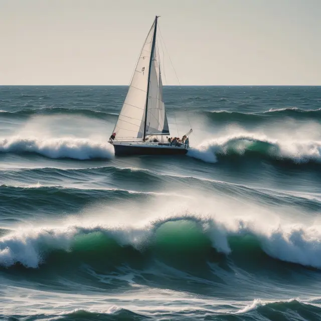 A sailboat navigates turbulent waters, guided by regulatory beacons