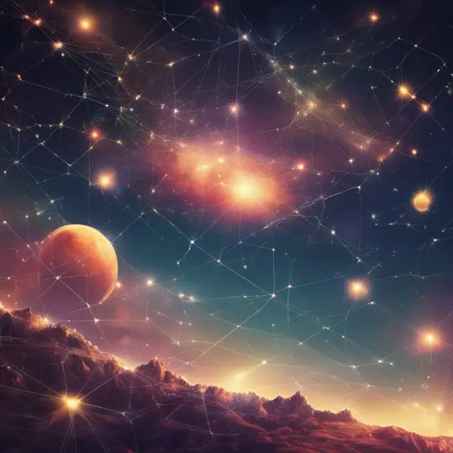 A night sky filled with stars, each representing an emerging disruptive technology: AI, IoT, quantum computing, biotechnology, and space tech.