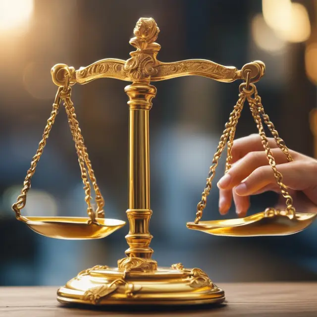 Golden scales with pans weighing various company financial statements, industry trends, and future prospects for a fair market value appraisal