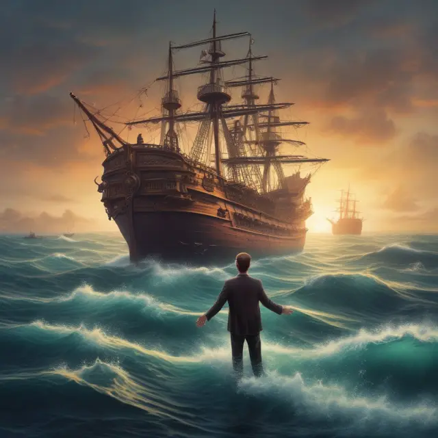 A desperate seller standing by a sinking ship, accepting lower bids from potential buyers due to financial hardships