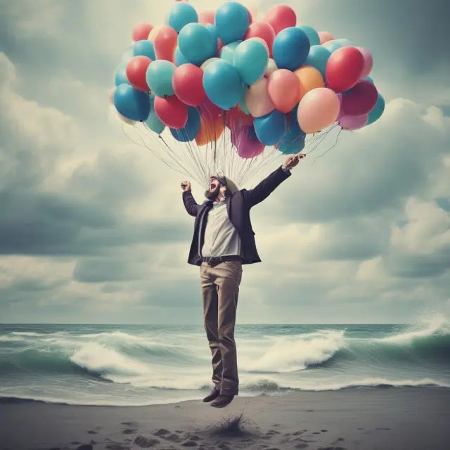 A distressed seller releasing balloons symbolizing their assets into a tumultuous sea, with a bargain hunter sailing a boat to catch them amidst the storm
