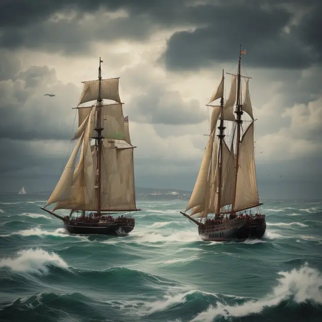 A ship navigating through turbulent waters carrying distressed assets while savvy buyers hunt for valuable bargains in the stormy financial market