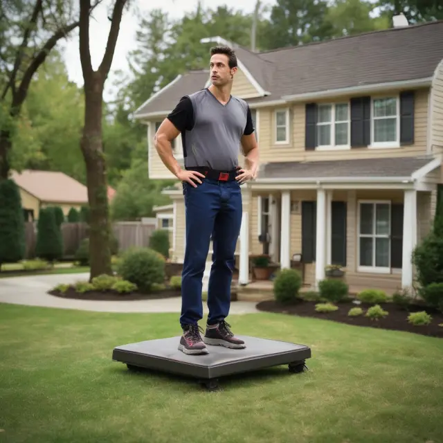 Homeowner contemplating purchase of distressed property while balancing on a scale, underscoring financial risks involved.