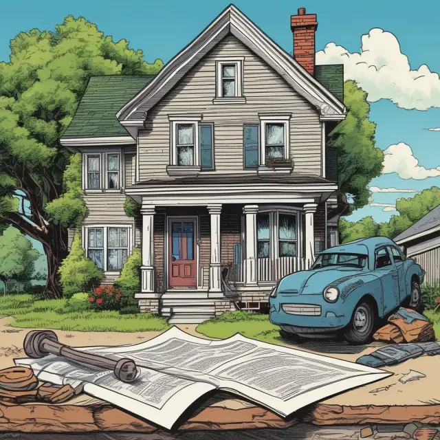 A foreclosed house and an open comic book symbolizing distress sales in real estate and collectibles