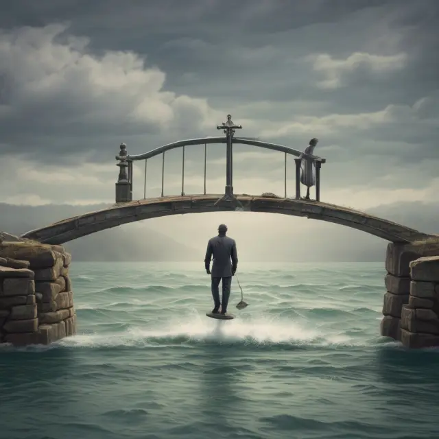 A scale balances legal considerations for both buyers and sellers as they cross a bridge over turbulent financial waters