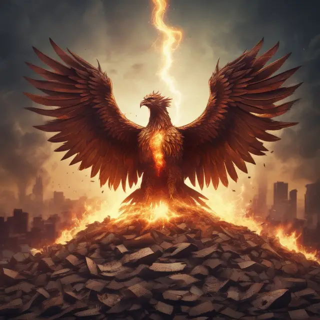 An institutional investor holds a distressed phoenix amidst stock piles, illustrating the search for value in high-risk, high-reward distressed securities