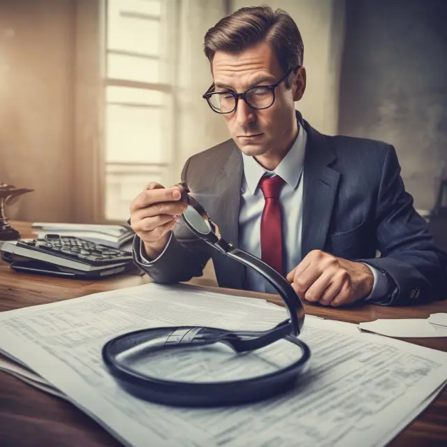 An investor meticulously examines financial statements with a magnifying glass to identify opportunities in distressed securities