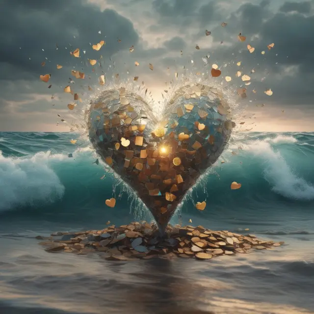 A shattered glass heart symbolizing distressed common shares surrounded by golden coins, representing potential rewards, and stormy waves for risks