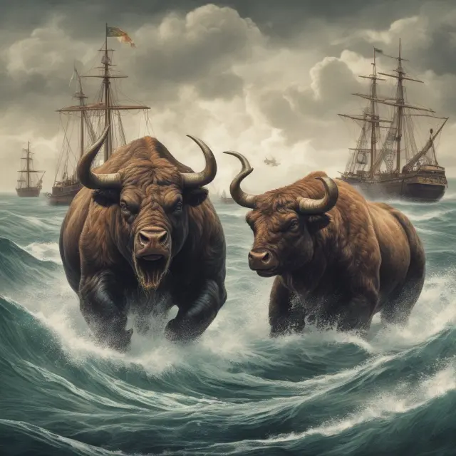 A bull and bear bravely navigating choppy waters while sinking ships illustrate the inherent risks and potential rewards of institutional investing in distressed securities.