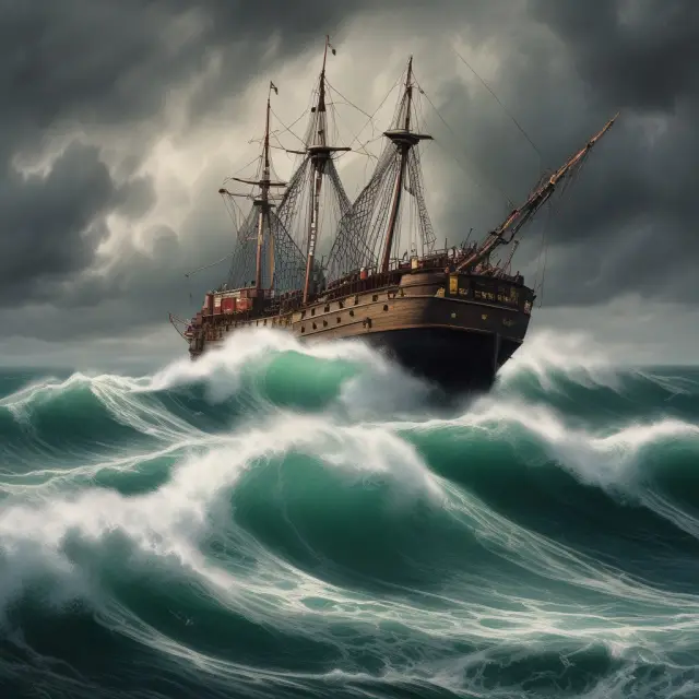 Navigators steer through turbulent waters, symbolizing intermediaries assisting investors in the market for distressed securities