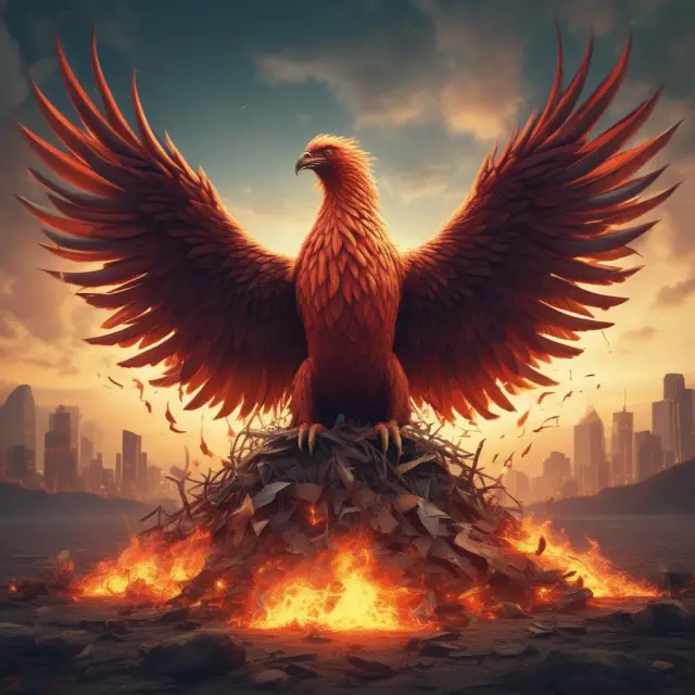 Image of a mythical phoenix emerging from a mound of negative financial instruments, representing the opportunity in distressed securities.