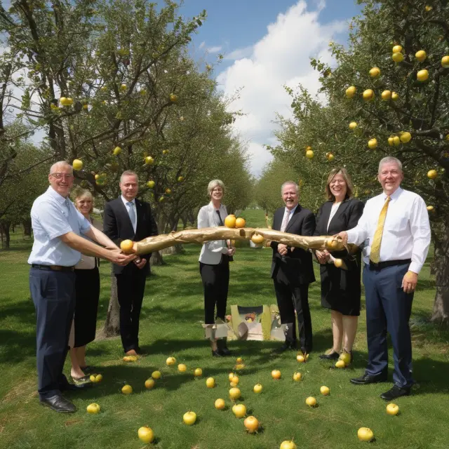 Trustees presenting golden apples representing DNI, derived from the orchard of taxable income. Avoiding double taxation.