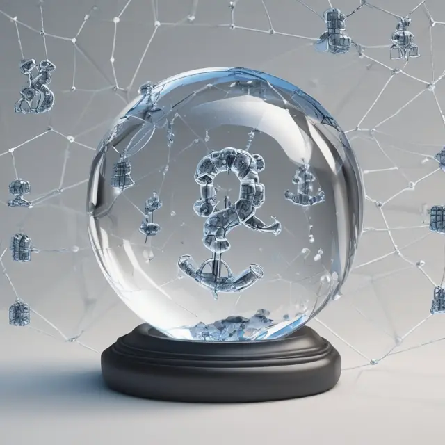 Crystal ball showing FAQs as question marks hovering over a network of connected distributed ledger nodes
