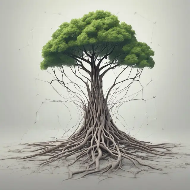 Tree symbolizing distributed ledger, with transparent roots for transparency and interconnected leaves for nodes