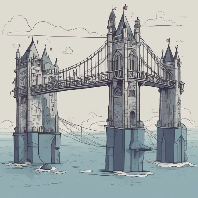 Bridge symbolizing DLT with missing sections representing challenges: scalability (gaps), murky waters illustrating regulatory uncertainty, and a tower under construction for standardization
