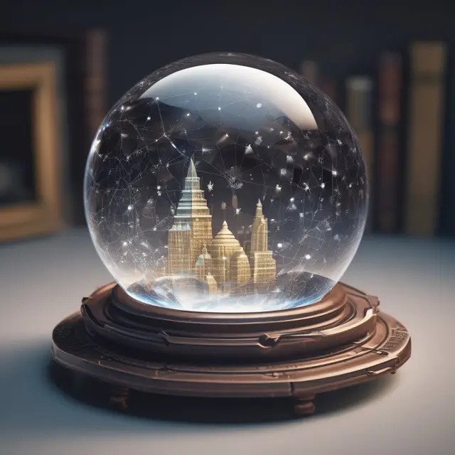 Time capsule releasing a crystal ball full of connected distributed ledger symbols, representing the potential advancements and growth in DLT across industries