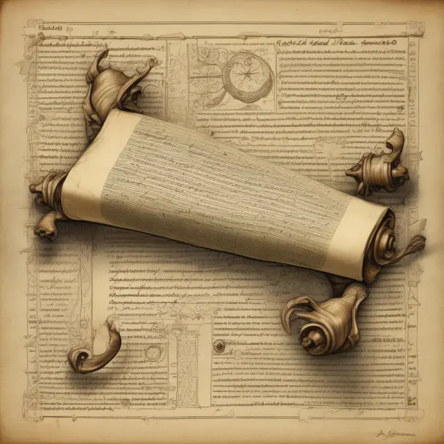 An ancient scroll unfurling, revealing interconnected nodes forming a decentralized web representing the origin and history of distributed ledgers