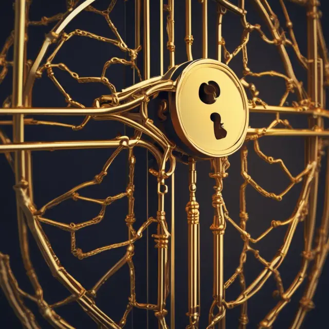A golden key in front of interconnected nodes representing the enhanced cybersecurity and decentralized nature of distributed ledgers