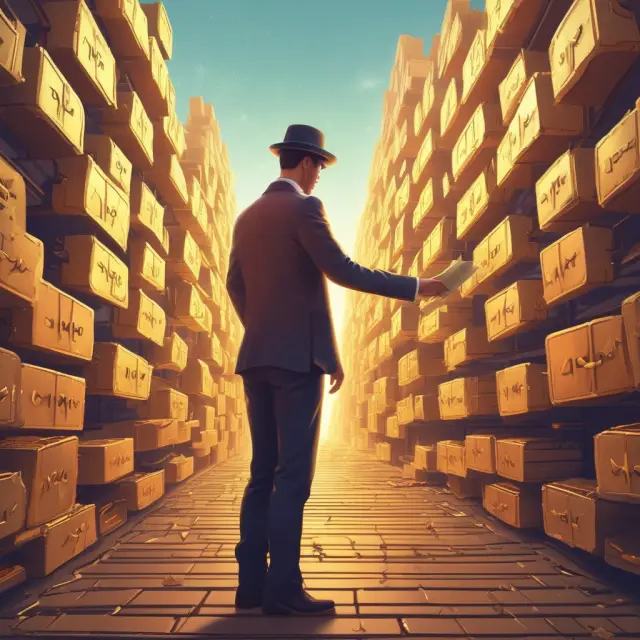 A golden chain symbolically representing distributed ledgers connecting various industry sectors: finance, music, art, diamonds, precious assets, and supply chains