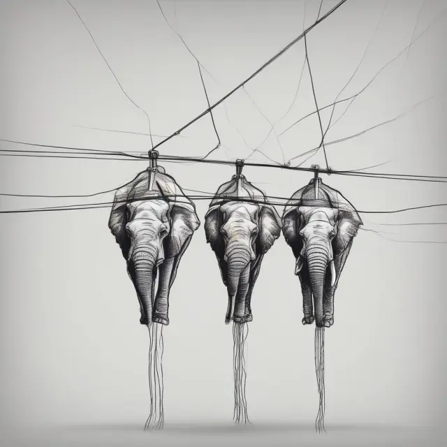A group of elephants symbolizing scalability issues straining to pull on a thin wire, illustrating the limitations faced by distributed ledgers.