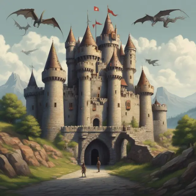 Castle symbolizing distributed ledgers protected by a dragon, with keys for public, consortium, and private access