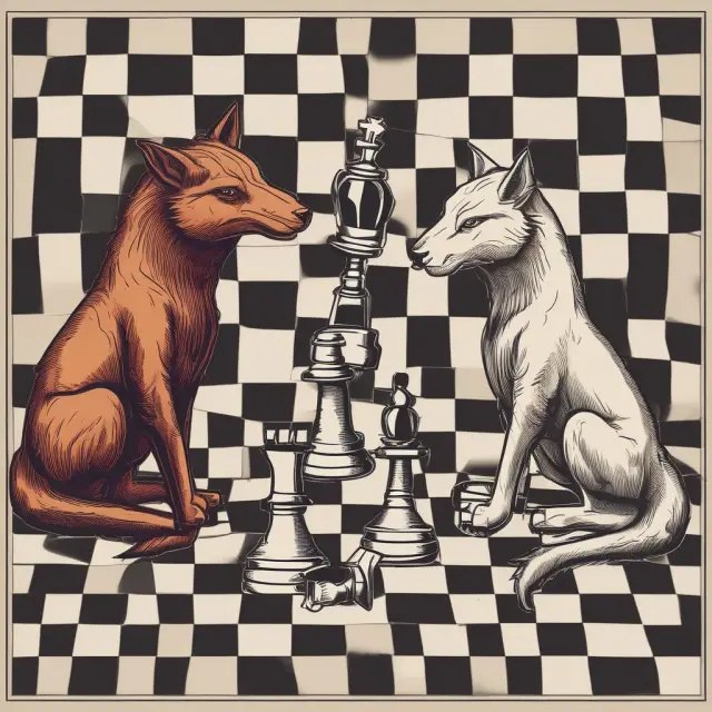 A direct bull and an indirect fox compete on a chessboard, symbolizing the contrasting distribution strategies of direct and indirect channels