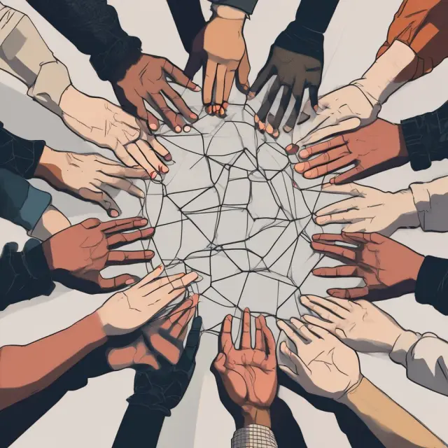 Network of hands representing producers and consumers with intermediaries as connections forging links between them