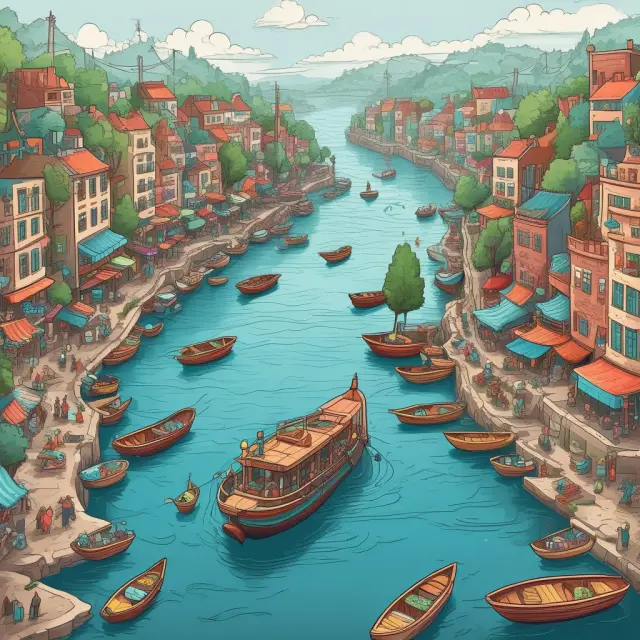 Interconnected boats represent distribution channels transporting goods from manufacturers to retailers and consumers in a flowing river.