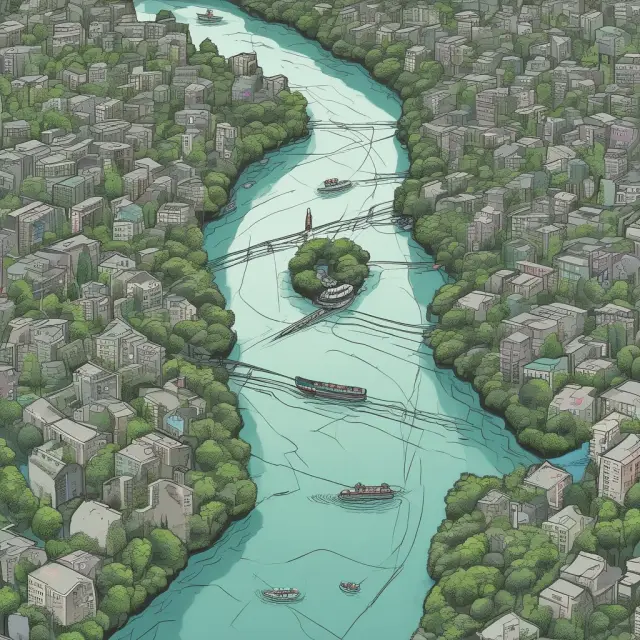 A serene river winding through lush greenery represents a distribution network connecting various marketing functions: product placement, pricing, promotion.