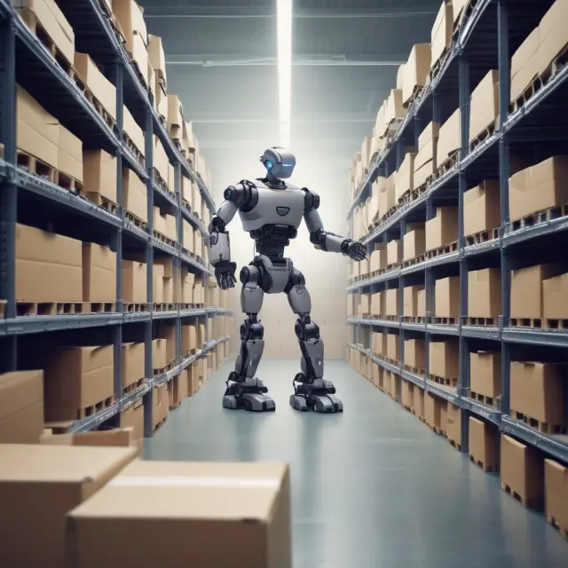 A robot hand sorts packages in a modern, cloud-filled warehouse. Technology enhances distribution management through automation and data analytics.