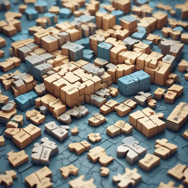 Jigsaw puzzle depicting distribution management with interlocking pieces representing logistics, inventory, tech, flexibility, and security