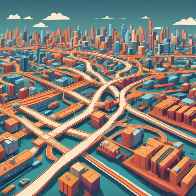 Conceptual image: A conveyor belt transporting goods between connected hubs, illustrating an efficient business distribution network