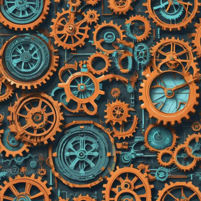 A well-oiled clock with gears made from interconnected warehouses, IT systems, transportation fleets, and skilled workers, illustrating an efficient distribution network