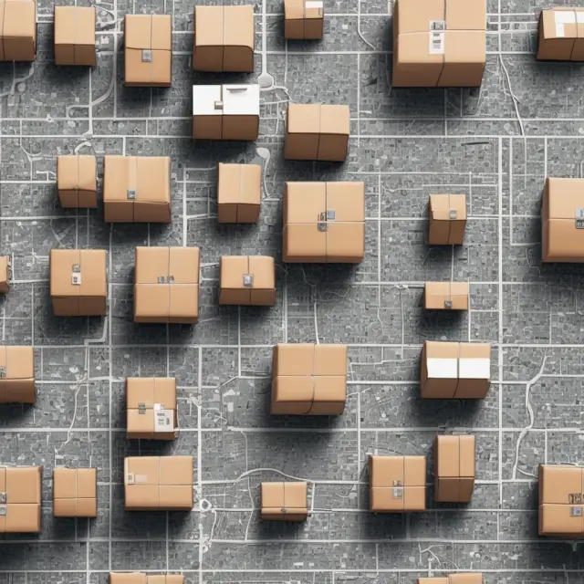 Robots sorting packages amidst mosaic maps representing Amazon