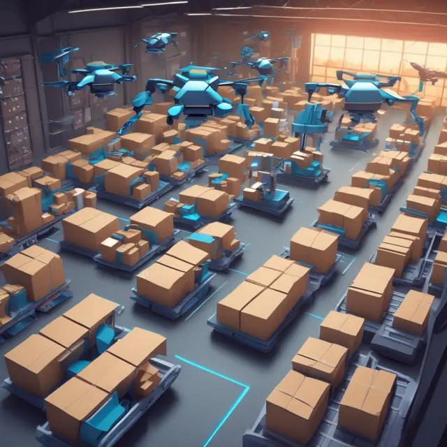 Image of a high-tech distribution center with robots sorting packages, drones delivering parcels, and data analytics screens for predictive supply chain management
