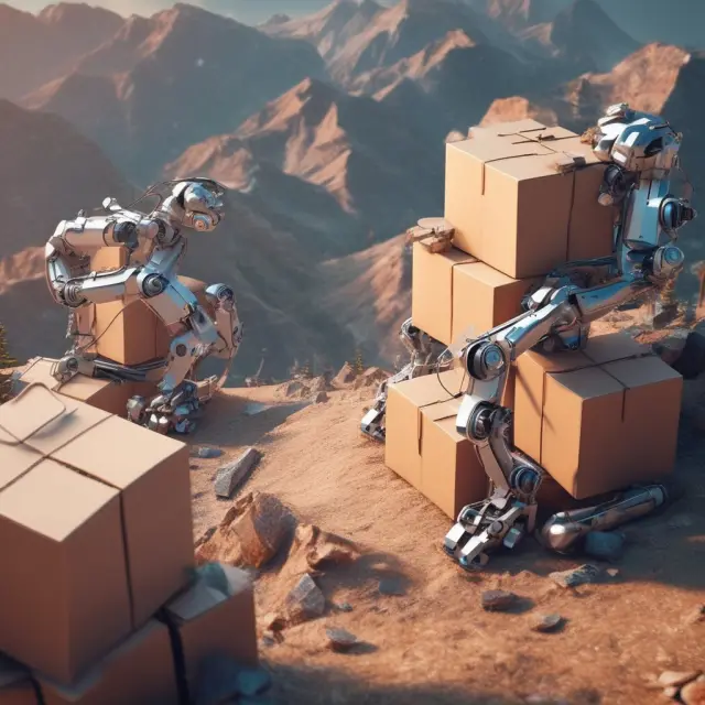 A robot arm packs boxes atop a digital mountain range, representing the innovative future of distribution networks.