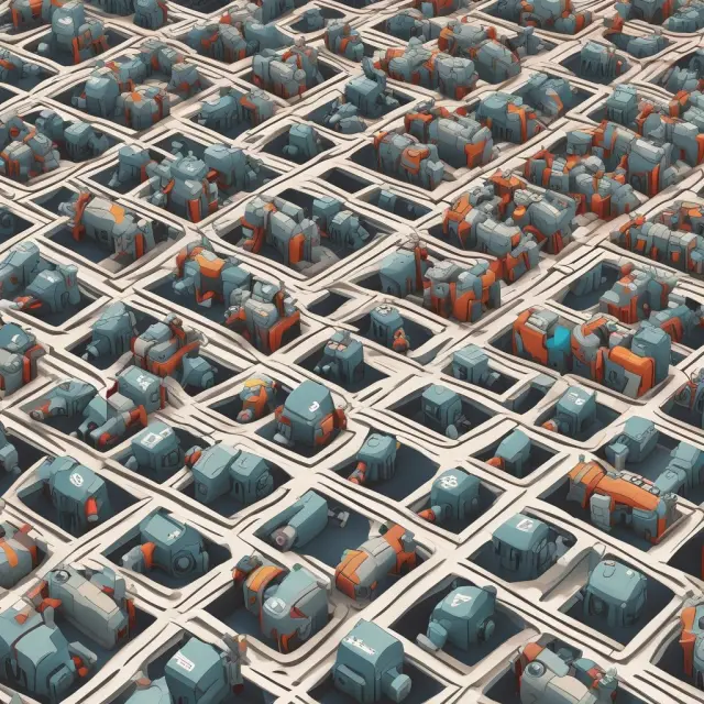 Robots assembling and optimizing a high-tech distribution network, symbolizing efficiency and innovation