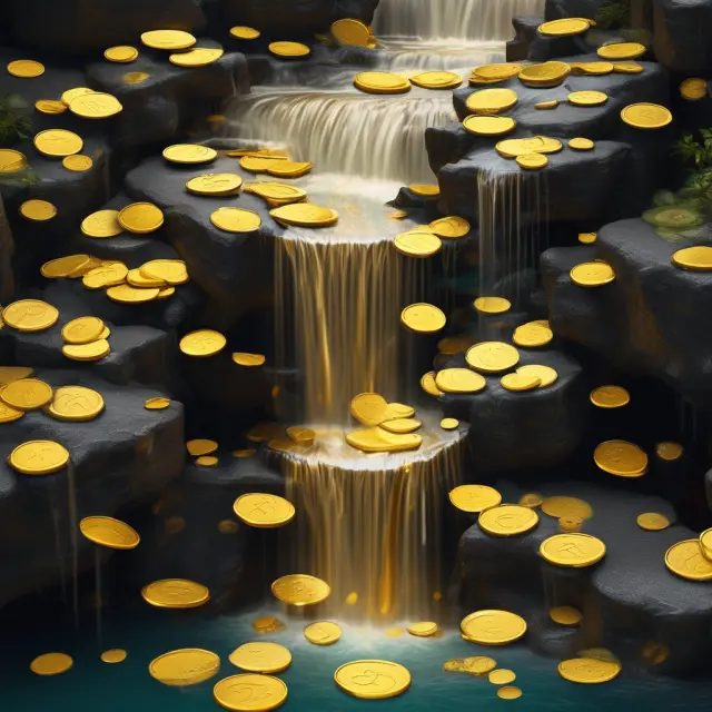 A waterfall cascading gold coins symbolizing Return of Capital (ROC), preferred returns, catch-up tranches, and carried interest for investors and general partners.