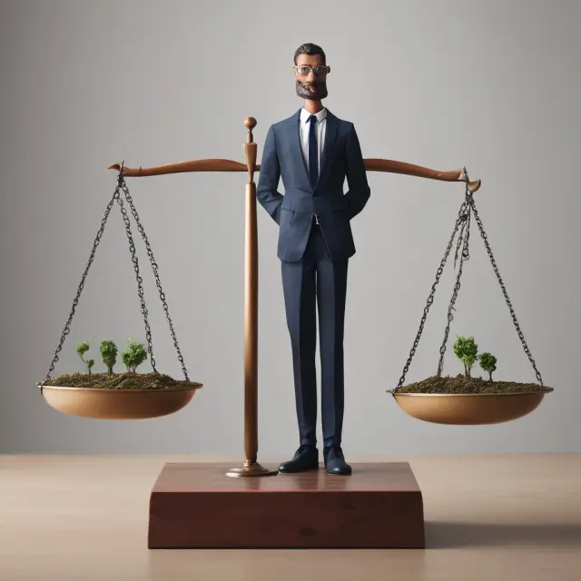 A private equity manager and a hedge fund manager sitting on opposite sides of a balance scale, each holding weights representing their respective management fees (2%) and carried interests (20%).